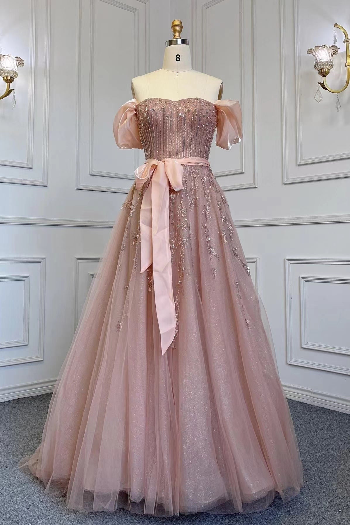 Pink Off-The-Shoulder Bubble Sleeves Prom Dress with Sequins and Tulle Belt-BallBride