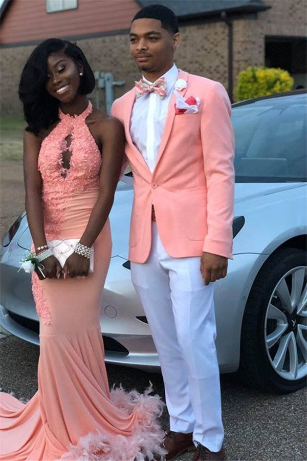 Pink One-Button Party Suit with Shawl Lapel - For Men-BallBride