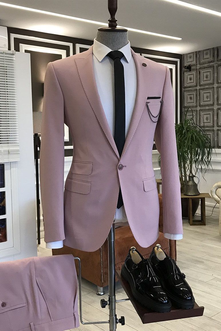 Pink Peaked Lapel Wedding Suits for Men with 3 Flaps-BallBride