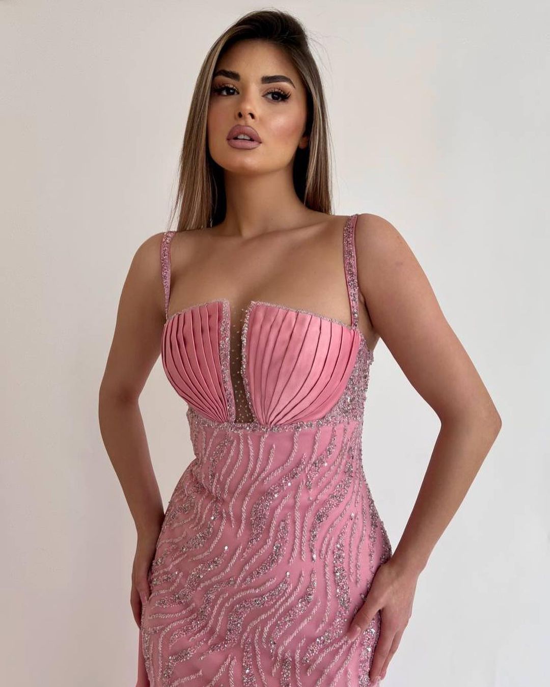 Pink Sequin Beaded Mermaid Prom Dress with Ruffle and Spaghetti Straps-BallBride