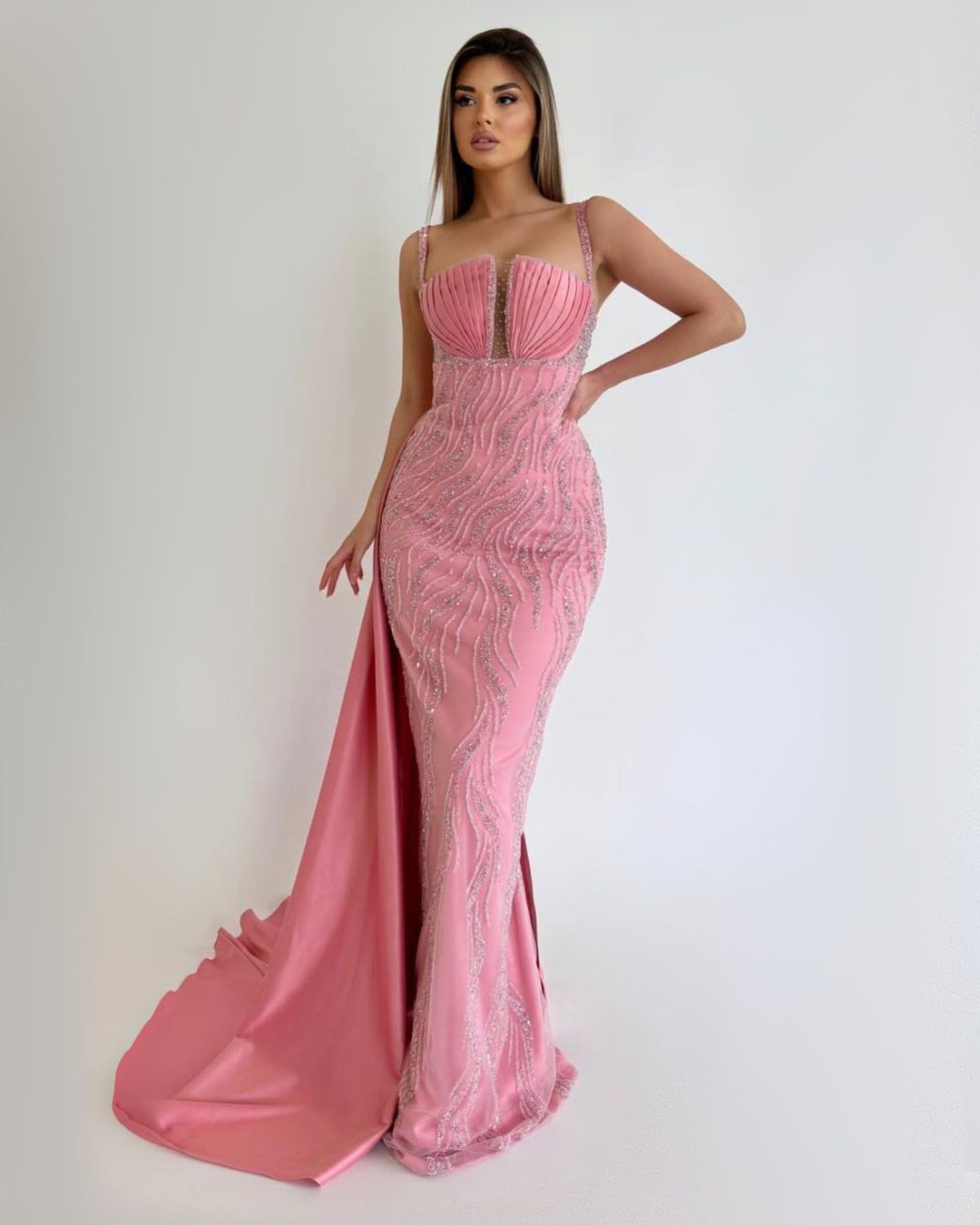 Pink Sequin Beaded Mermaid Prom Dress with Ruffle and Spaghetti Straps-BallBride