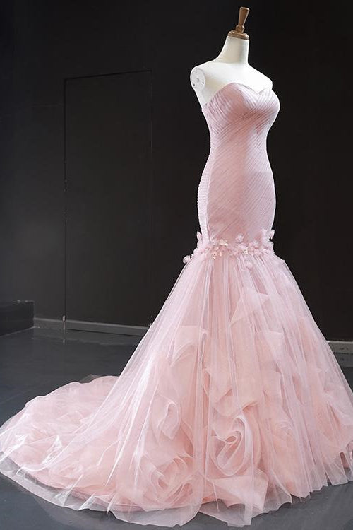 Pink Sweetheart Mermaid Sleeveless Prom Dress With Tulle Ruffle Online-BallBride