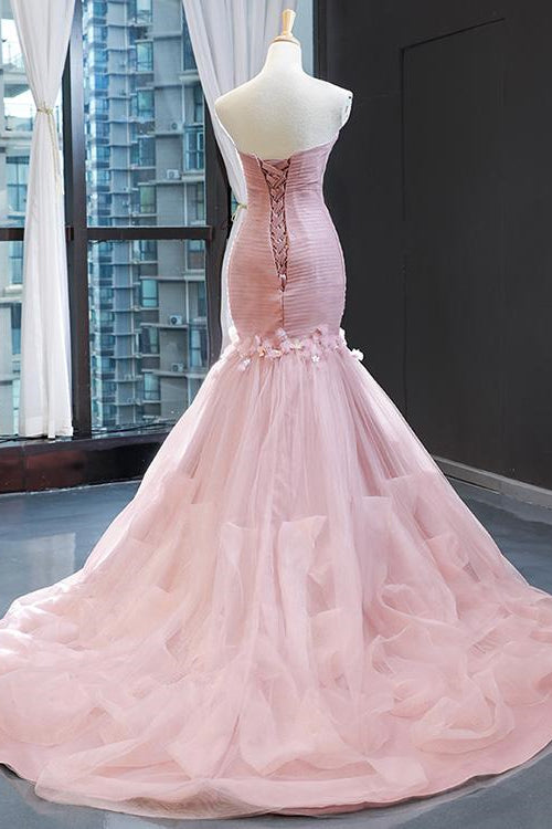 Pink Sweetheart Mermaid Sleeveless Prom Dress With Tulle Ruffle Online-BallBride