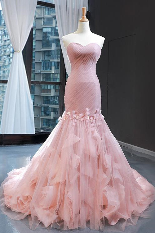 Pink Sweetheart Mermaid Sleeveless Prom Dress With Tulle Ruffle Online-BallBride