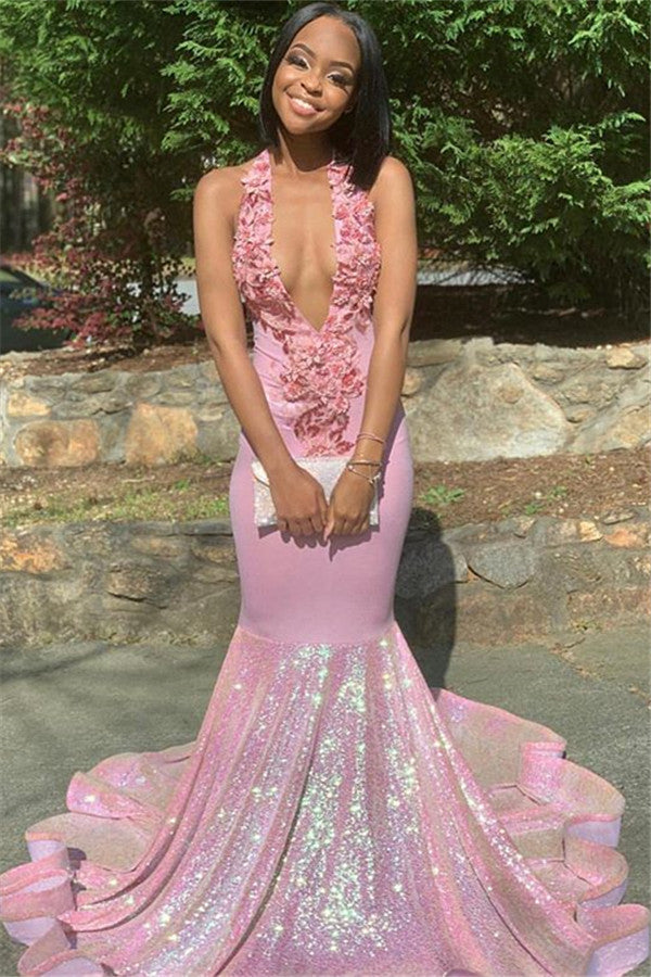 Pink V-Neck Sequins Sleeveless Flower Backless Prom Dress-BallBride