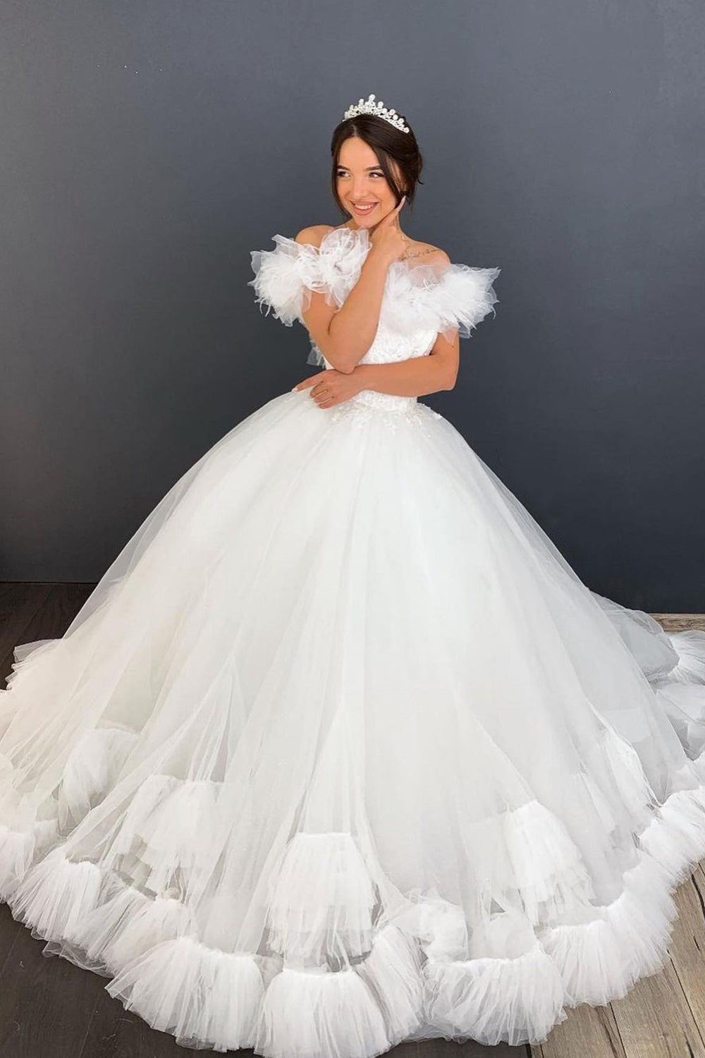 Pleated Off The Shoulder Ball Gown Wedding Dress With Tulle Ruffles-BallBride