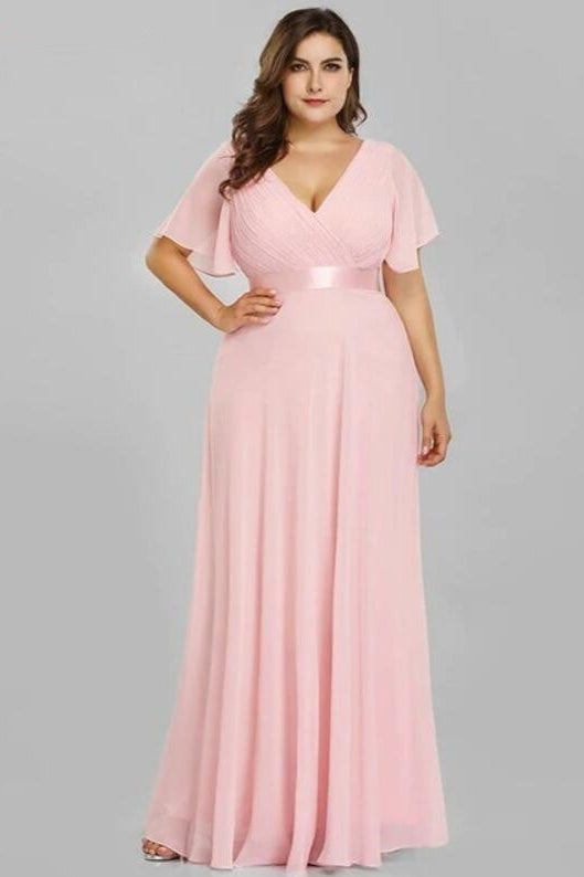 Plus Size Chiffon Evening Dress with Elegant V-Neck and Short Sleeves-BallBride