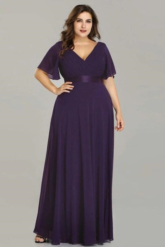 Plus Size Chiffon Evening Dress with Elegant V-Neck and Short Sleeves-BallBride