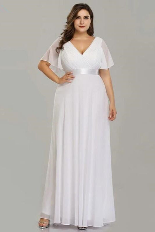 Plus Size Chiffon Evening Dress with Elegant V-Neck and Short Sleeves-BallBride