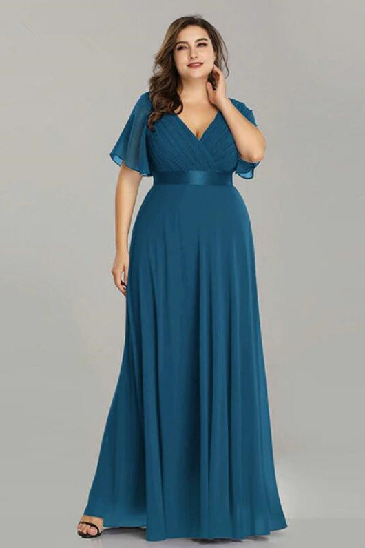 Plus Size Chiffon Evening Dress with Elegant V-Neck and Short Sleeves-BallBride