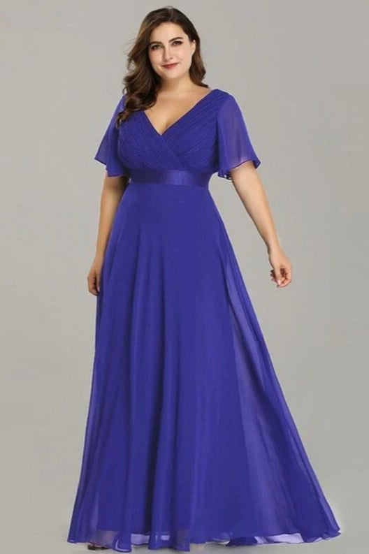 Plus Size Chiffon Evening Dress with Elegant V-Neck and Short Sleeves-BallBride