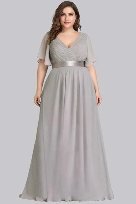 Plus Size Chiffon Evening Dress with Elegant V-Neck and Short Sleeves-BallBride