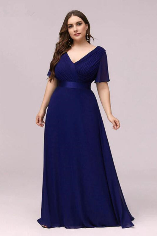 Plus Size Chiffon Evening Dress with Elegant V-Neck and Short Sleeves-BallBride