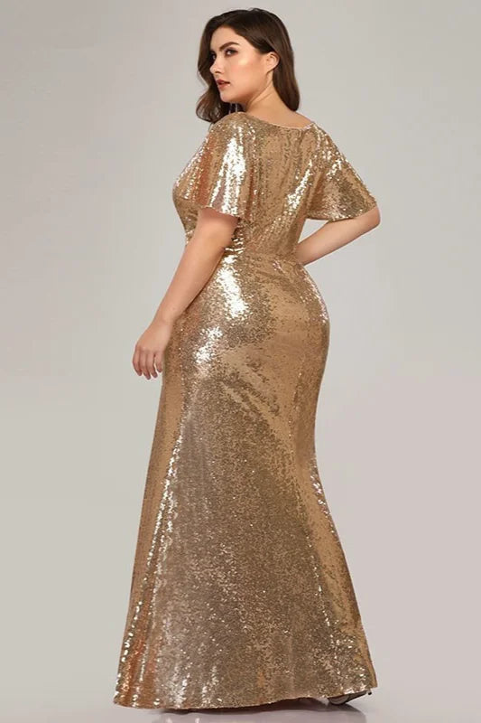 Plus Size Gold Sequins Mermaid Evening Prom Dress-BallBride