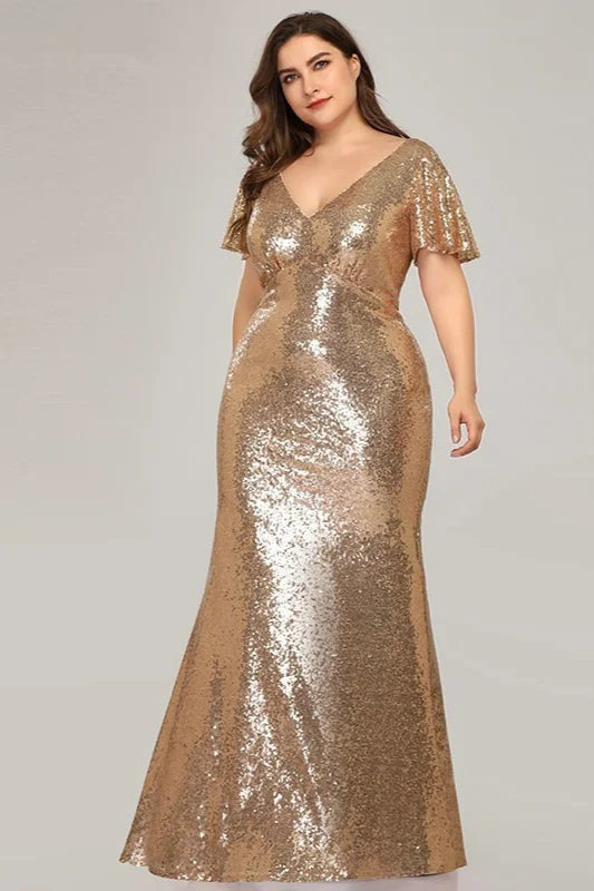 Plus Size Gold Sequins Mermaid Evening Prom Dress-BallBride