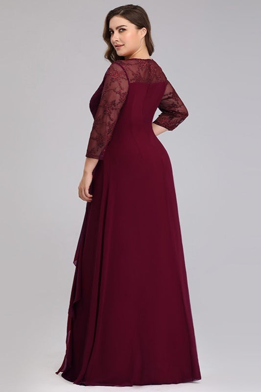 Plus Size Lace Chiffon Prom Dress - Long Sleeve Evening Gown-BallBride