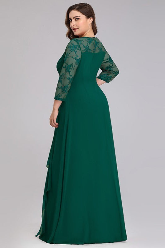 Plus Size Lace Chiffon Prom Dress - Long Sleeve Evening Gown-BallBride