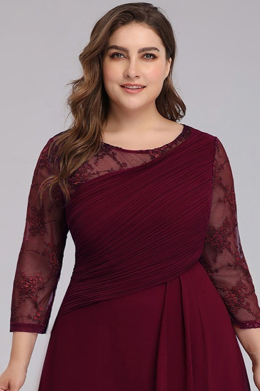 Plus Size Lace Chiffon Prom Dress - Long Sleeve Evening Gown-BallBride