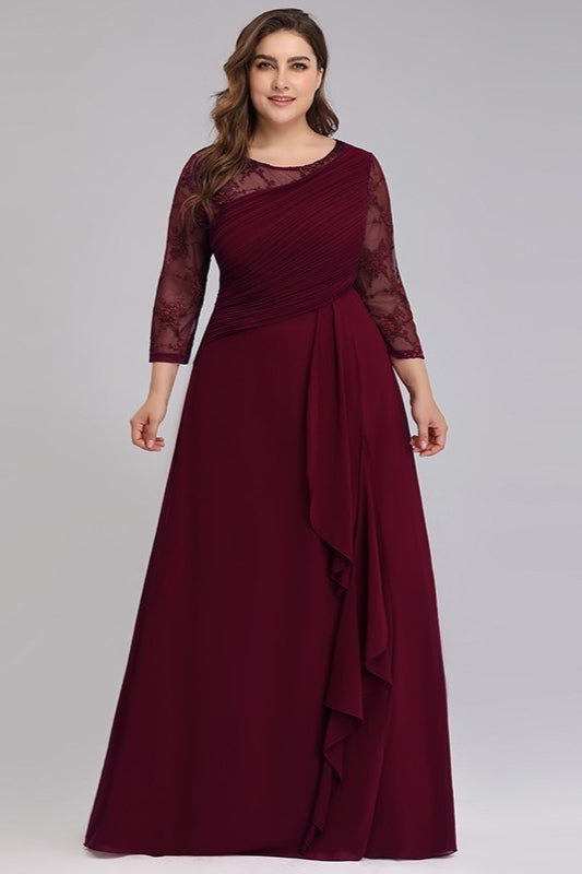 Plus Size Lace Chiffon Prom Dress - Long Sleeve Evening Gown-BallBride