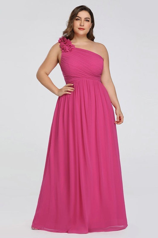 Plus Size One Shoulder Long Chiffon Prom Dresses-BallBride