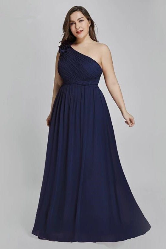 Plus Size One Shoulder Long Chiffon Prom Dresses-BallBride