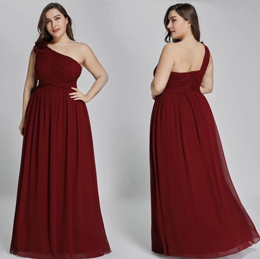 Plus Size One Shoulder Long Chiffon Prom Dresses-BallBride