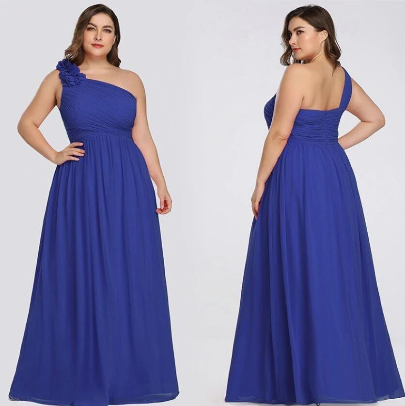 Plus Size One Shoulder Long Chiffon Prom Dresses-BallBride