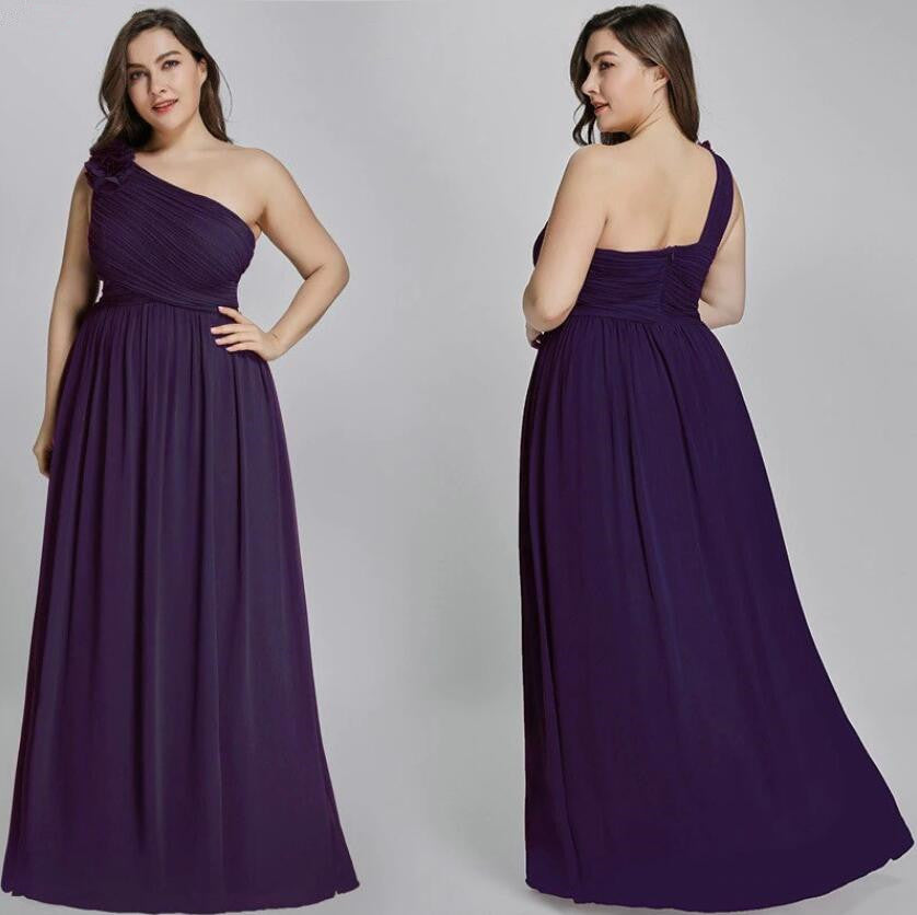 Plus Size One Shoulder Long Chiffon Prom Dresses-BallBride