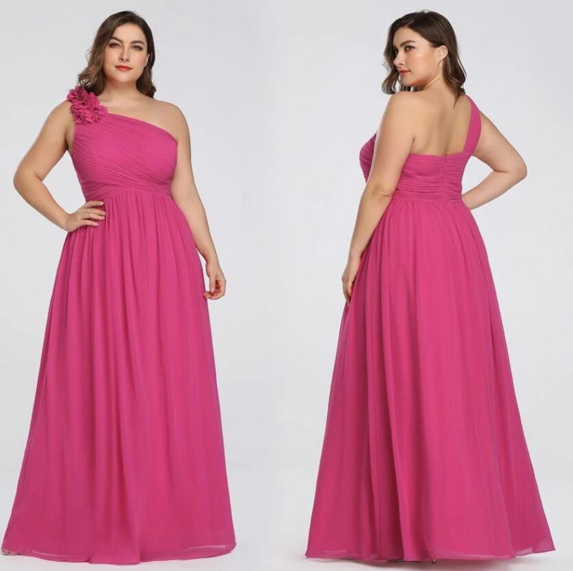 Plus Size One Shoulder Long Chiffon Prom Dresses-BallBride