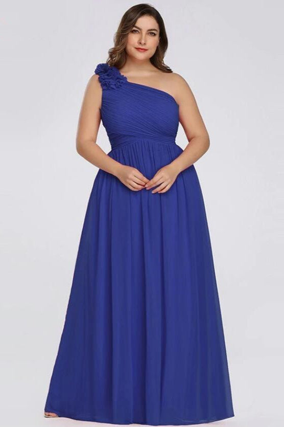 Plus Size One Shoulder Long Chiffon Prom Dresses-BallBride