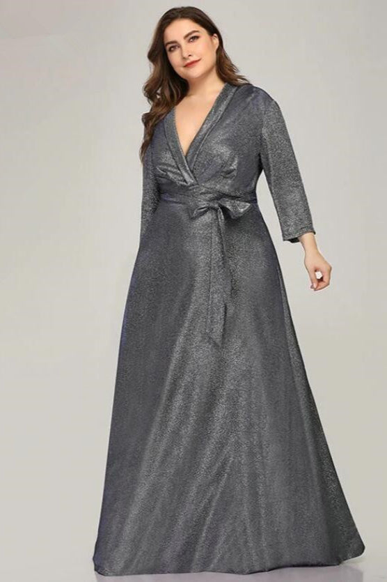 Plus Size V-Neck Evening Gowns - Sparkle Mother Of The Bride Dresses Long Sleeve-BallBride