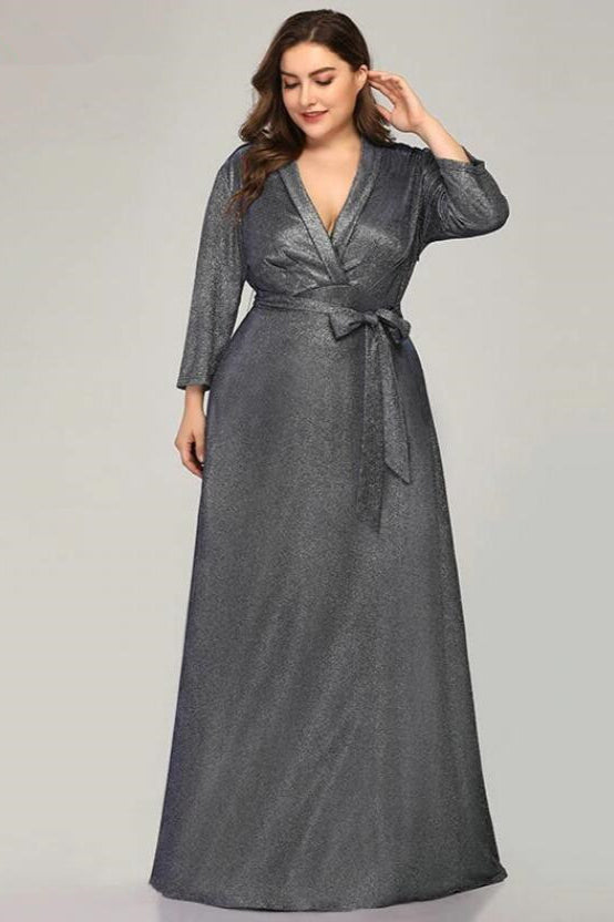Plus Size V-Neck Evening Gowns - Sparkle Mother Of The Bride Dresses Long Sleeve-BallBride