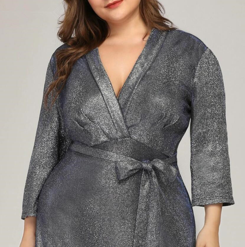 Plus Size V-Neck Evening Gowns - Sparkle Mother Of The Bride Dresses Long Sleeve-BallBride