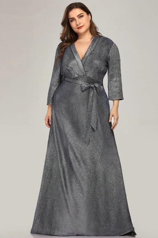 Plus Size V-Neck Evening Gowns - Sparkle Mother Of The Bride Dresses Long Sleeve-BallBride