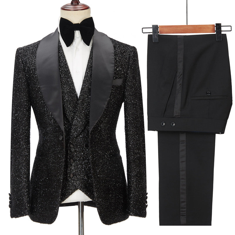 Popular Black 3 Pieces Groomsmen Tuxedos with Sparkly Shawl Lapel-BallBride