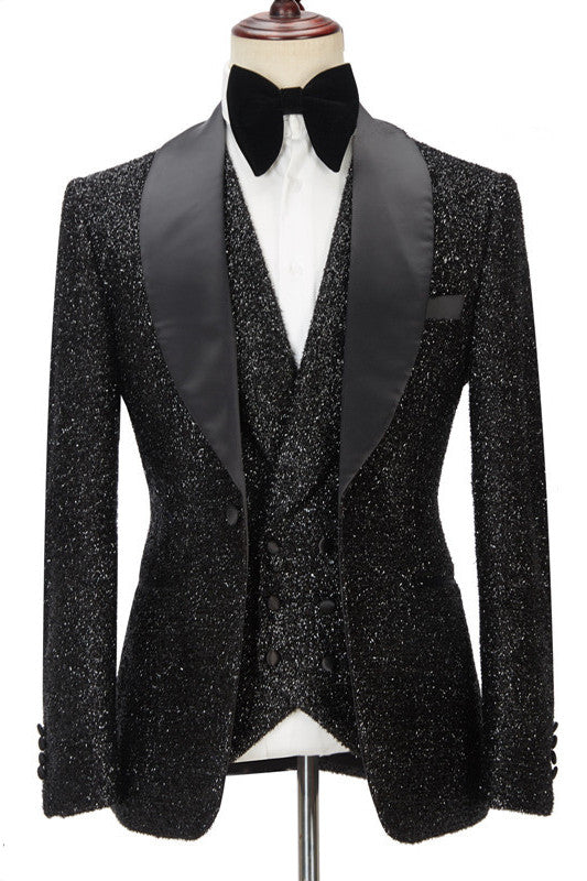 Popular Black 3 Pieces Groomsmen Tuxedos with Sparkly Shawl Lapel-BallBride