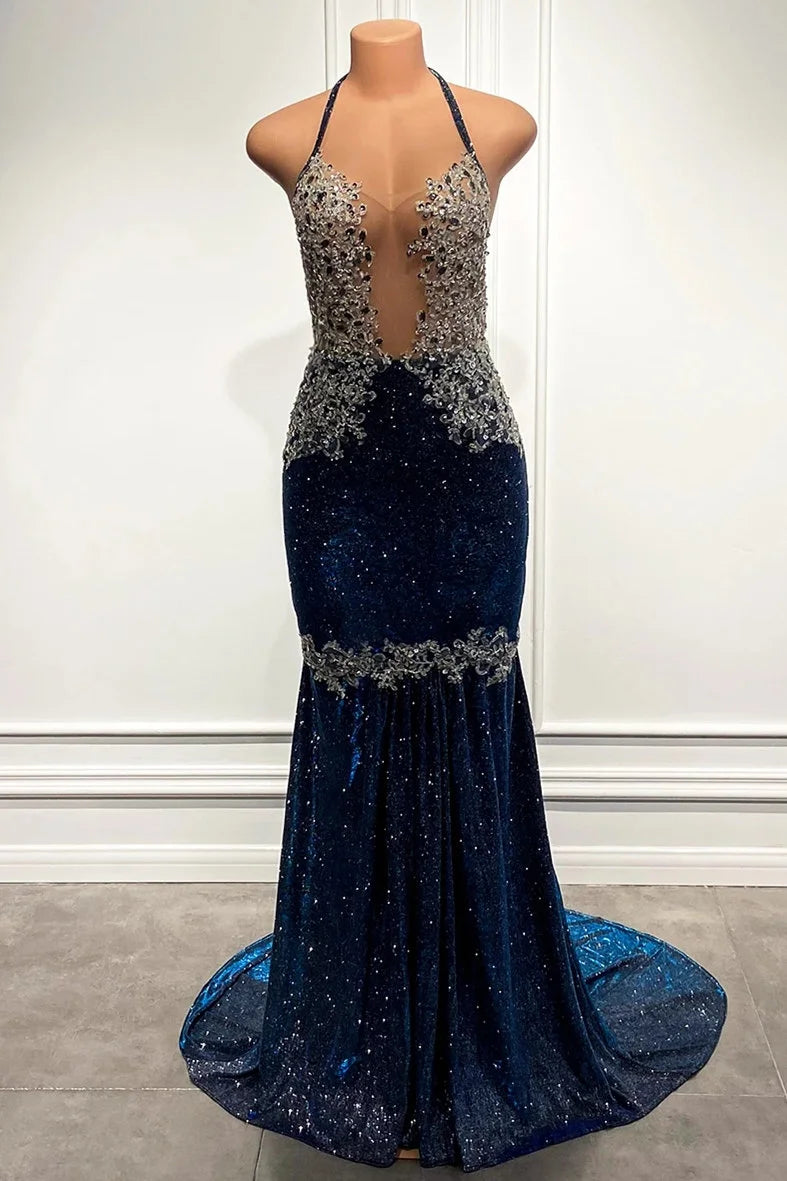 Popular Blue Spaghetti-Straps Mermaid Prom Dress Long Sequins Evening Gowns-BallBride