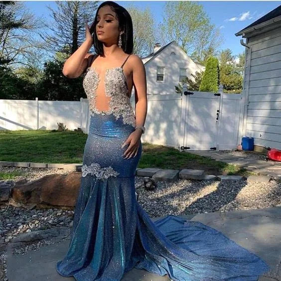 Popular Blue Spaghetti-Straps Mermaid Prom Dress Long Sequins Evening Gowns-BallBride
