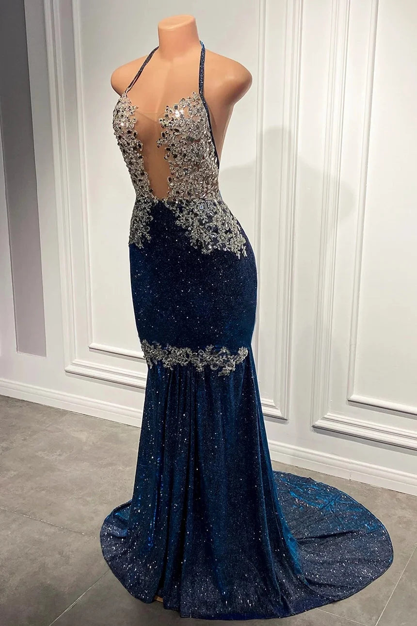Popular Blue Spaghetti-Straps Mermaid Prom Dress Long Sequins Evening Gowns-BallBride