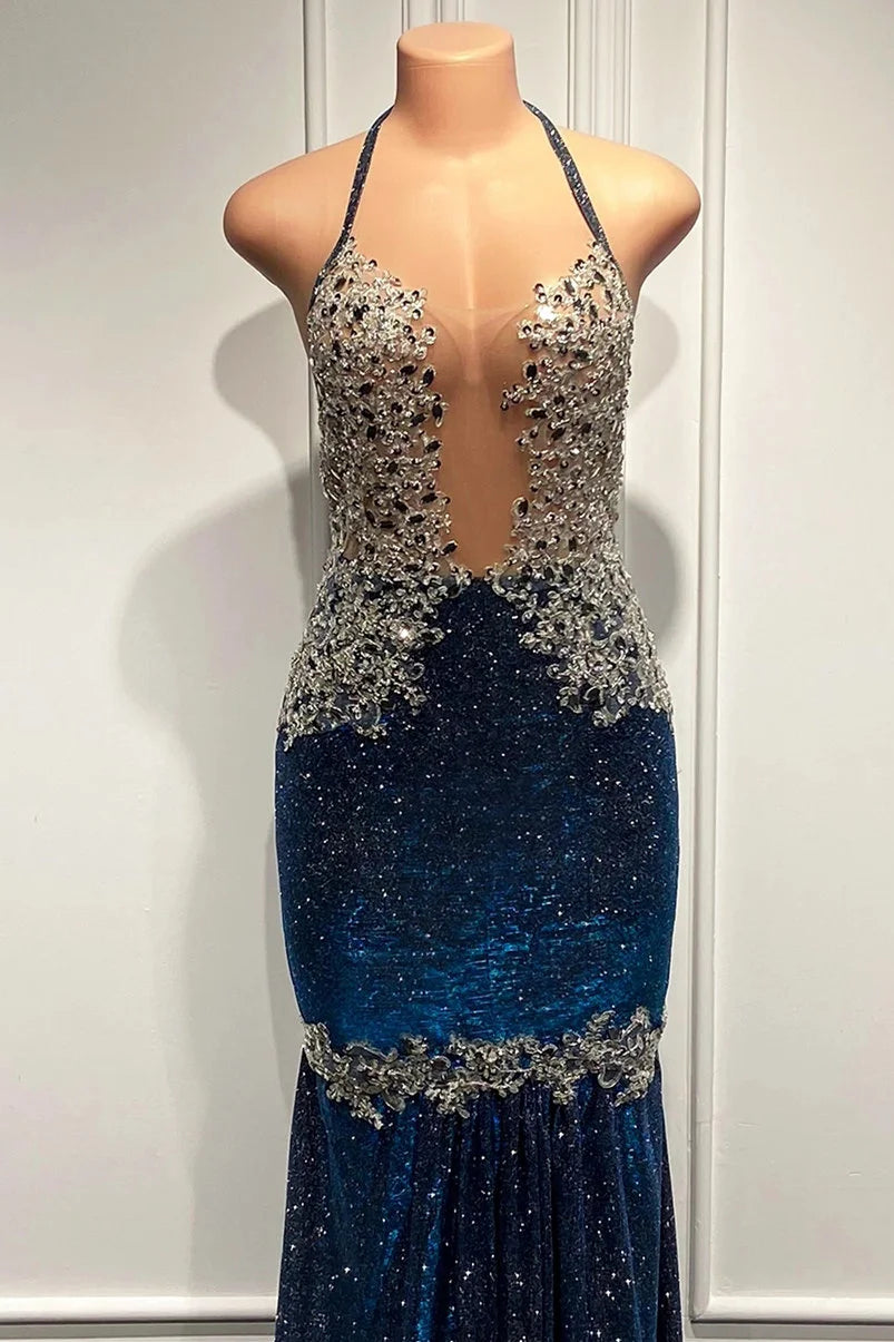 Popular Blue Spaghetti-Straps Mermaid Prom Dress Long Sequins Evening Gowns-BallBride