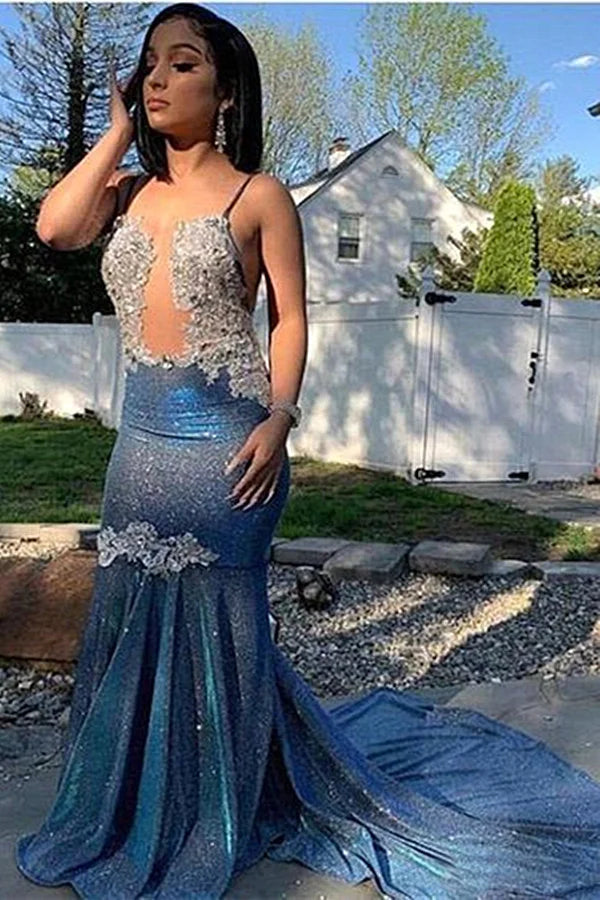 Popular Blue Spaghetti-Straps Mermaid Prom Dress Long Sequins Evening Gowns-BallBride