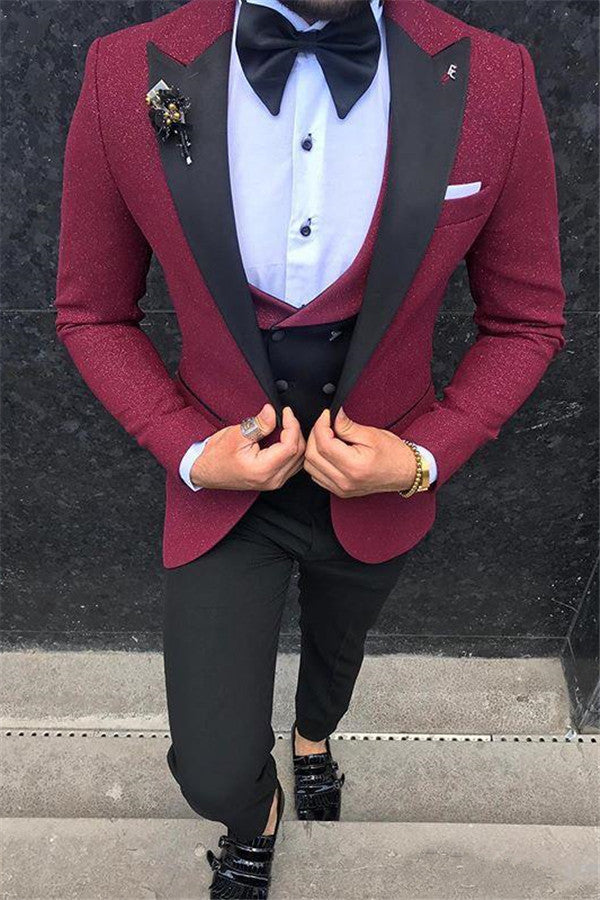 Popular Burgundy Three-Pieces Peaked Lapel Groom and Groomsmen Suits-BallBride