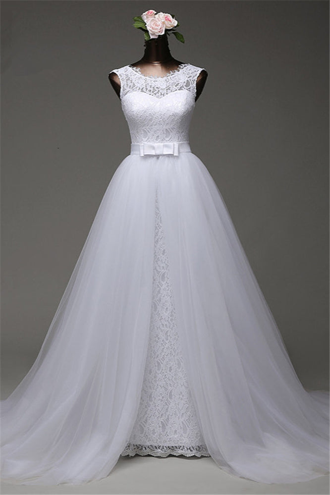 Popular Jewel Sleeveless Lace Long Wedding Dress with Overskirt-BallBride