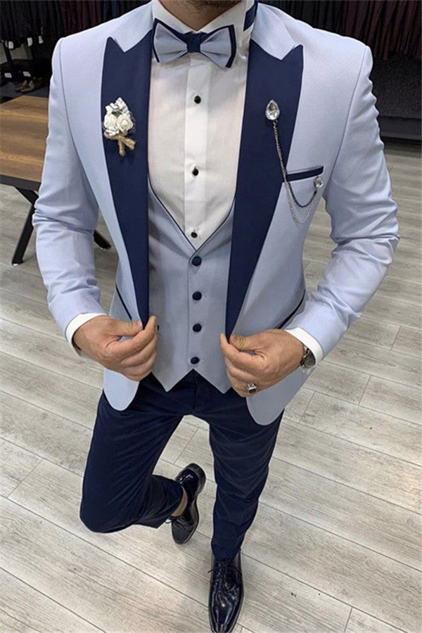 Popular Sky Blue Peaked Lapel Slim Men's Three-Piece Suits-BallBride