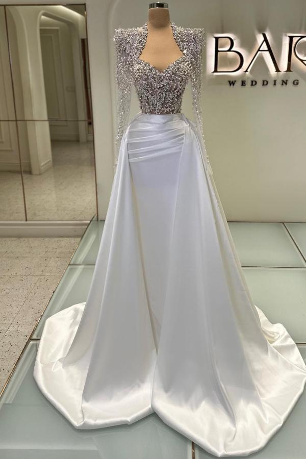 Portrait Long Sleeve Mermaid Long Satin Prom Dress with Detachable Train and Rhinestones-BallBride