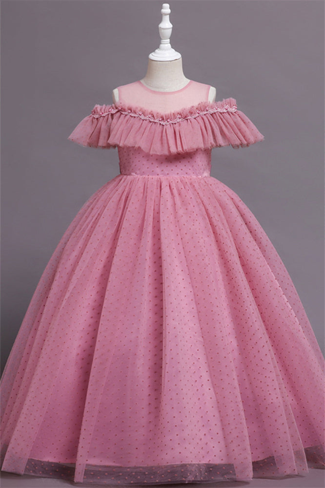 Pretty Dusty Pink Tulle Flower Girl Dress with Long Ruffle Sleeves and Spot-BallBride