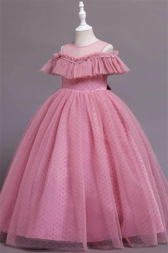 Pretty Dusty Pink Tulle Flower Girl Dress with Long Ruffle Sleeves and Spot-BallBride