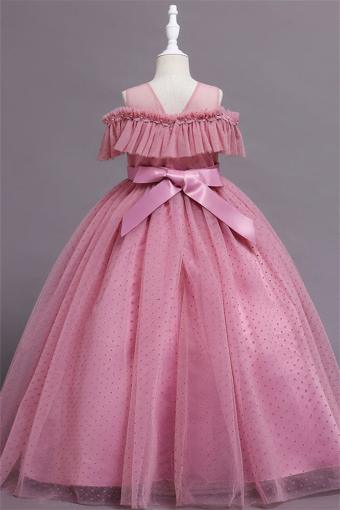 Pretty Dusty Pink Tulle Flower Girl Dress with Long Ruffle Sleeves and Spot-BallBride