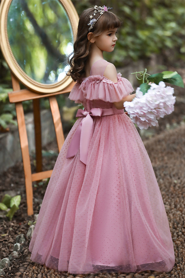 Pretty Dusty Pink Tulle Flower Girl Dress with Long Ruffle Sleeves and Spot-BallBride