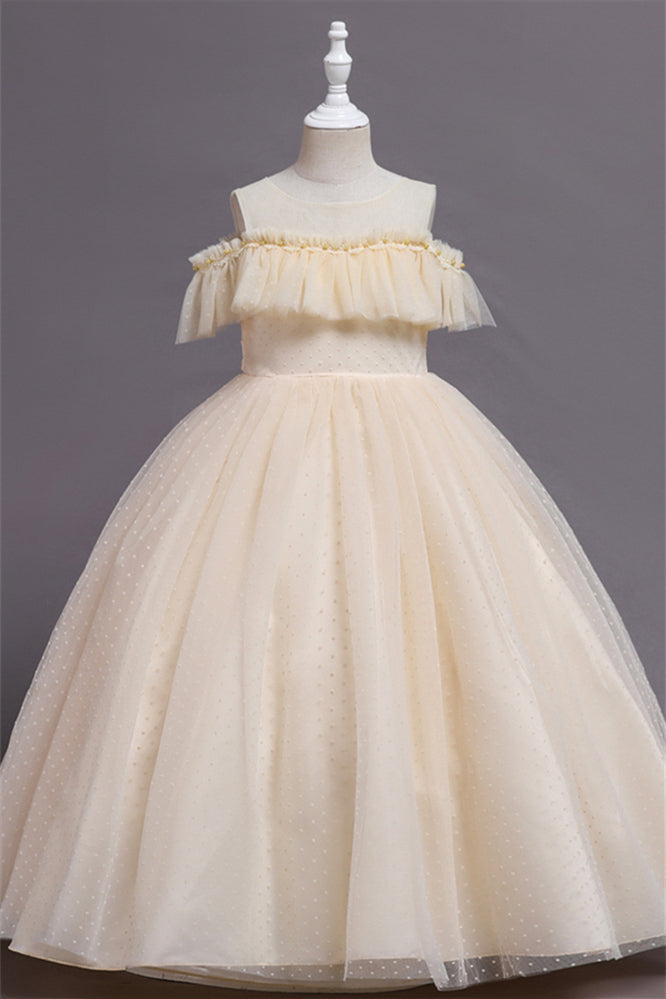 Pretty Dusty Pink Tulle Flower Girl Dress with Long Ruffle Sleeves and Spot-BallBride